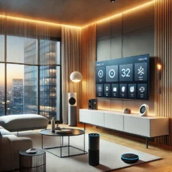 Akıllı Ev Sistemleri | Hayatınızı Kolaylaştıran Teknolojiler 5 DALL·E 2024 11 13 09.43.08 A modern smart home interior featuring a sleek living room with automated