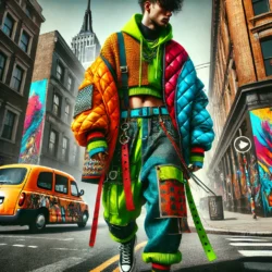 Sokak Modasında Yeni Dönem: Cesur Kombinler 15 DALL·E 2024 11 15 22.20.03 A dynamic and vibrant image showcasing street fashion with bold and creat