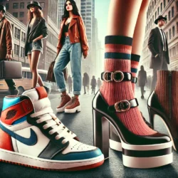 Ayakkabı Modasında Bu Yılın Vazgeçilmezleri 15 DALL·E 2024 11 18 16.56.53 A fashion forward street style scene featuring trendy 2024 shoes. On one