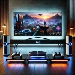 Oyun Dünyasında Neler Oluyor? Yeni Konsollar ve Oyunlarla Gelen Devrim 17 DALL·E 2024 11 19 16.57.46 An image of a futuristic gaming console setup in a sleek modern living ro