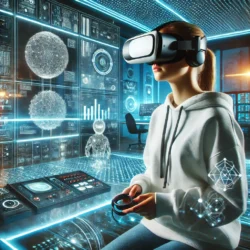Taşınabilir Teknolojiler | Akıllı Saatlerden VR Gözlüklere 19 DALL·E 2024 11 19 17.07.07 A person wearing a VR headset in a futuristic room setup immersed in a vi