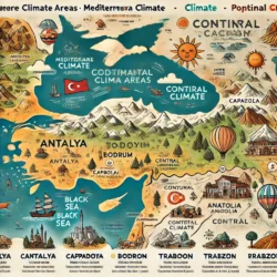 Türkiye’nin İklim Özellikleri | Hangi Mevsimde Nerede Tatil Yapılır? 15 DALL·E 2024 12 09 15.22.33 An illustrated map showing the diverse climate regions of Turkey with hig