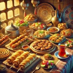 Yöresel Lezzetler ve Denemeniz Gereken 10 Yemek 9 DALL·E 2024 12 10 10.54.46 A vibrant digital painting showcasing the richness of Turkish cuisine. Th