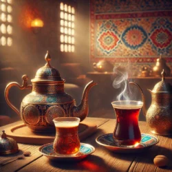 Geleneksel İçeceklerin Tarihi ve Önemi 4 DALL·E 2024 12 11 13.14.17 A traditional Turkish tea and coffee scene featuring a classic Turkish te
