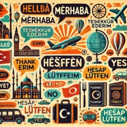 Seyahate Çıkmadan Önce Bilmeniz Gereken Türkçe Kelimeler 5 DALL·E 2024 12 12 09.03.49 A visually appealing and informative image related to travel with a focus