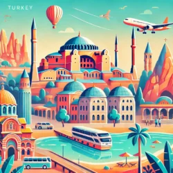 Türkiye’de Güvenlik | Seyahat Ederken Nelere Dikkat Edilmeli? 1 DALL·E 2024 12 18 10.42.08 A vibrant and inviting travel themed illustration of Turkey showcasing ic