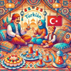 Türk Halkı ve Misafirperverlik | Seyahat Edilen Yerlerde İletişim ve Kültürel Adetler 5 DALL·E 2024 12 18 10.45.13 A vibrant illustration showcasing Turkish hospitality featuring a welcomi