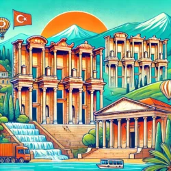 Türkiye’nin Tarihi Zenginlikleri | Herkesin Görmesi Gereken 5 Antik Kent 6 DALL·E 2024 12 18 10.48.03 An engaging and colorful illustration showcasing iconic ancient cities of