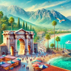 Antalya’nın Tarihi ve Doğal Zenginlikleri 1 DALL·E 2024 12 21 11.30.00 A vibrant scene depicting Antalyas historical and natural richness. In th